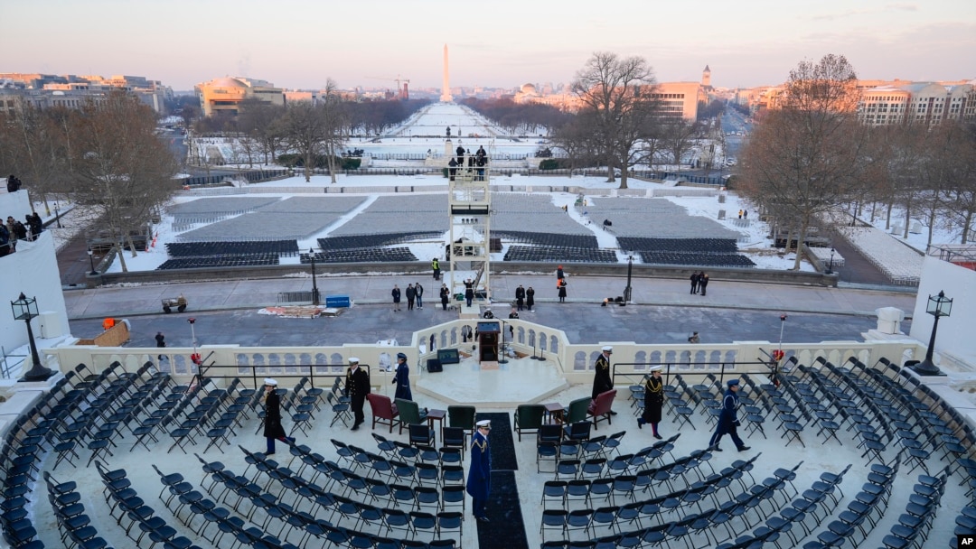 FILE - Members of the U.S. military are on stage during a rehearsal at the U.S. Capitol ahead of President-elect Donald Trump's upcoming inauguration in Washington, Jan. 12, 2025.