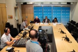 Paul Molinaro, Chief Operations Support and Logistics at WHO, Director-General of World Health Organization (WHO) Tedros Adhanom Ghebreyesus and Maria Van Kerkhove, Technical Lead of the Health Emergencies Programme, attend a news conference