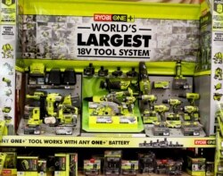 FILE - Ryobi brand tools, some with labeling indicating they were made in China, are displayed in a retail store in Cranberry Township, Pa., on May 9, 2019.