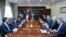 Lebanon's President Michel Aoun heads a financial meeting with Prime Minister Hassan Diab, Parliament Speaker Nabih Berri and Lebanon's Central Bank Governor Riad Salameh at the presidential palace in Baabda, March 7, 2020.