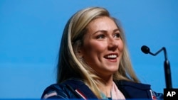 Alpine skier Mikaela Shiffrin of the United States speaks at a news conference at the 2018 Winter Olympics in Pyeongchang, South Korea, Feb. 23, 2018. 