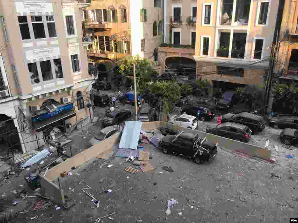 Debris from Beirut explosion is seen on the street from VOA reporter Anchal Vohra&#39;s apartment window in Beirut, Lebanon, Aug. 4, 2020. (Photo: Anchal Vohra / VOA) 