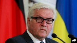 Menteri Luar Negeri Jerman Frank-Walter Steinmeier dalam konferensi pers gabungan di Kyiv, Ukraina (29/5). (AP/Sergei Chuzavkov)