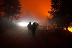 Members of the Laguna Hotshots, out of the Cleveland National Forest, walk on a road while fighting the Creek Fire, Sept. 6, 2020, in Big Creek, Calif.