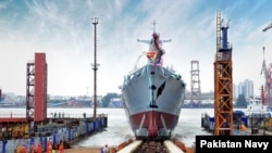 中国为巴基斯坦建造的054A/P型护卫舰在上海沪东中华造船厂举行了下水仪式(照片来源：巴基斯坦海军）。
