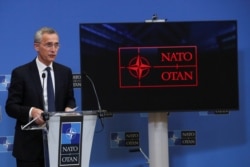 NATO Secretary General Jens Stoltenberg holds a news conference during a NATO Foreign Ministers' meeting at the Alliance's headquarters in Brussels, Belgium, March 23, 2021.