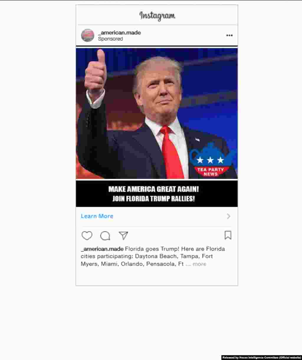 Instagram reklamı. 16 avqust, 2016; Hədəflənən yaş: 18-65+; Hədəflənən məkan: Alabama, Florida, Georgia, Mississippi, Cənubi Karolina