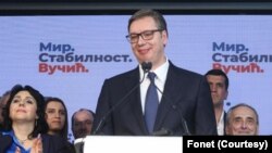 Arhiva - Lider SNS Aleksandar Vučić u izbornoj noći, 3. april 2022.