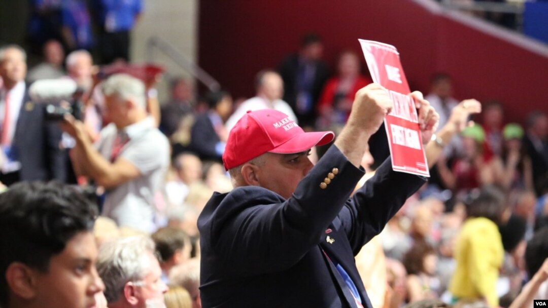 Delegates are on their feet at the Republican National Convention, in Cleveland, July 20, 2016.