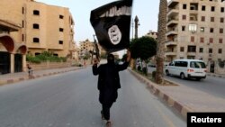 A member of the Islamic State in Iraq and the Levant waves an ISIL flag in Raqqa, Iraq, June 29, 2014. 