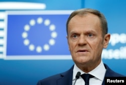 European Council President Donald Tusk addresses a news conference during a European Union leaders summit in Brussels, Belgium, Dec. 15, 2017.