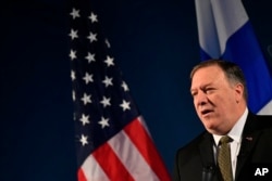 Secretary of State Mike Pompeo speaks on Arctic policy at the Lappi Areena in Rovaniemi, Finland, May 6, 2019. Pompeo did not criticize the North Korean missile test