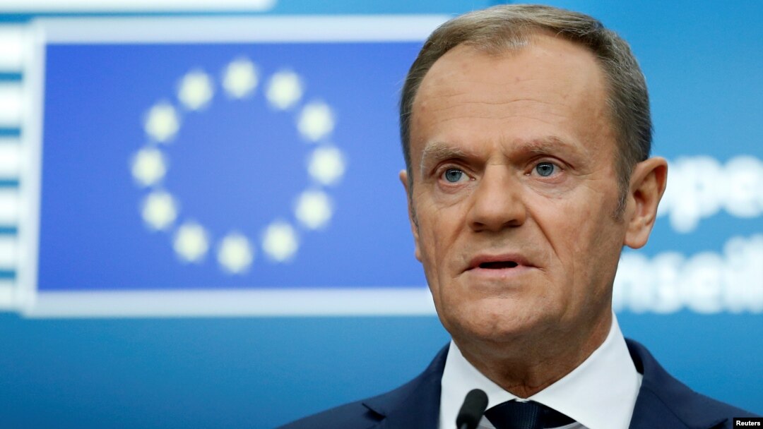 European Council President Donald Tusk addresses a news conference during a European Union leaders summit in Brussels, Belgium, Dec. 15, 2017.