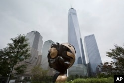 The Koenig Sphere is on display in Liberty Park adjacent to the World Trade Center, Sept. 6, 2017, in New York.