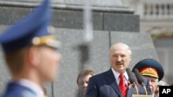 Belarus' President Alexander Lukashenko speaks at Victory Square in Minsk to celebrate the 66th anniversary of the World War II victory over Nazi Germany, May 9, 2011