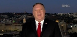 This video grab made on August 25, 2020 from the online broadcast of the Republican National Convention, being held virtually amid the novel coronavirus pandemic, shows US Secretary of State Mike Pompeo deliver a pre-recorded speech from the rooftop…