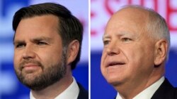 နယူးယောက်မြို့မှာ CBS ရုပ်သံကကြီးမှူးကျင်းပတဲ့ ရီပါဘလစ်ကန် ဒုသမ္မတလောင်း JD Vance (ဝဲ) နဲ့ ဒီမိုကရက်တစ် ဒုသမ္မတလောင်း Tim Walz (ယာ) တို့ရဲ့ စကားစစ်ထိုးပွဲ (အောက်တိုဘာ ၁၊ ၂၀၂၄)