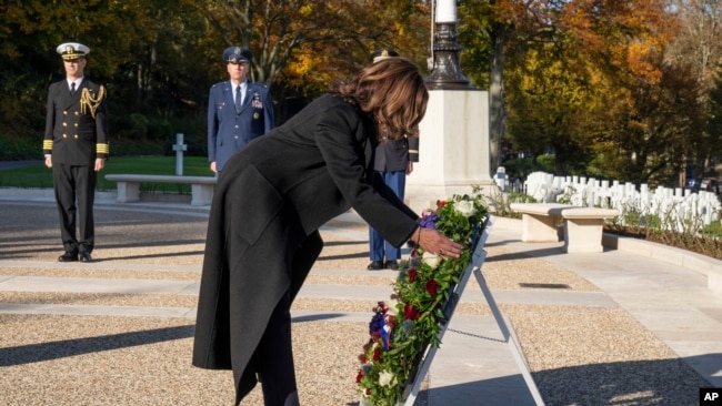 Vice President Kamala Harris participates in a wreath-laying ceremony to mark Veterans Day in the United States and Armistice Day in France at Suresnes, France, Nov. 10, 2021.
