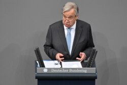 The Secretary General of the United Nations Antonio Guterres speaks at the Bundestag on Dec. 18, 2020, in Berlin.