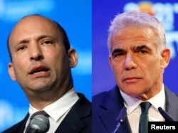 A combination of file photos shows Israeli Education Minister Naftali Bennett speaking in Jerusalem May 14, 2018 and Yesh Atid party leader Yair Lapid delivering a speech in Tel Aviv, Israel March 24, 2021.