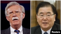 白宮國家安全顧問博爾頓（左）週四在華盛頓會晤了南韓青瓦台國家安保室室長鄭義溶（右）。