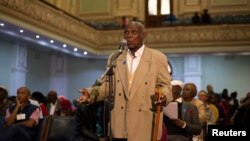 A man speaks as the Constitutional Review Committee during public hearings regarding expropriation of land without compensation in Pietermaritzburg, South Africa, July 20, 2018.