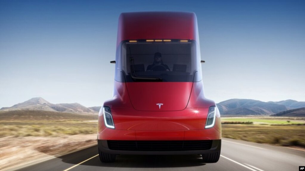 This photo provided by Tesla shows the front of the new electric semitractor-trailer unveiled on Thursday, Nov. 16, 2017. (Tesla)