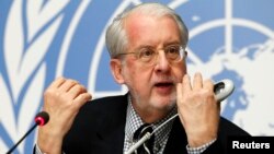 United Nations Independent Commission of Inquiry on Syrian Arabic Republic Chairman Paulo Pinheiro speaks during a news conference at U.N. European headquarters in Geneva, Switzerland, Feb. 8, 2016. 