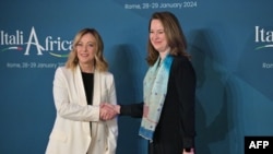 Italy's Prime Minister, Giorgia Meloni welcomes Amy Pope, Director General of the International Organization for Migration as she arrives for the Italy-Africa international conference 'A bridge for common growth’ held in Rome on Jan.29, 2024.