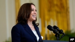 Vice President Kamala Harris speaks about the bipartisan infrastructure bill from the East Room of the White House in Washington, Aug. 10, 2021.