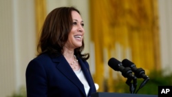 Vice President Kamala Harris speaks about the bipartisan infrastructure bill from the East Room of the White House in Washington, Aug. 10, 2021.