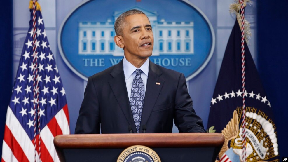 Tổng thống Barack Obama phát biểu trong cuộc họp báo ngày 18/1/2017 tại Tòa Bạch Ốc ở Thủ đô Washington.