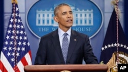 President Barack Obama speaks during his final presidential news conference, Jan. 18, 2017, in the briefing room of the White House in Washington. 