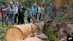 In a Aug. 13, 2017 file photo, people take part in a protest against large-scale government logging in the Bialowieza Forest, Poland.