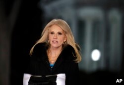 Counselor to President Donald Trump Kellyanne Conway speaks during a television interview with the White House in the background, in Washington, Feb. 9, 2017.
