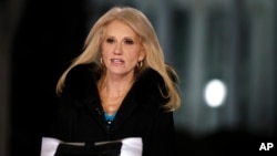 Counselor to President Donald Trump Kellyanne Conway speaks during a television interview with the White House in the background, in Washington, Feb. 9, 2017, about the Federal appeals court refusal to reinstate President Donald Trump's travel ban.