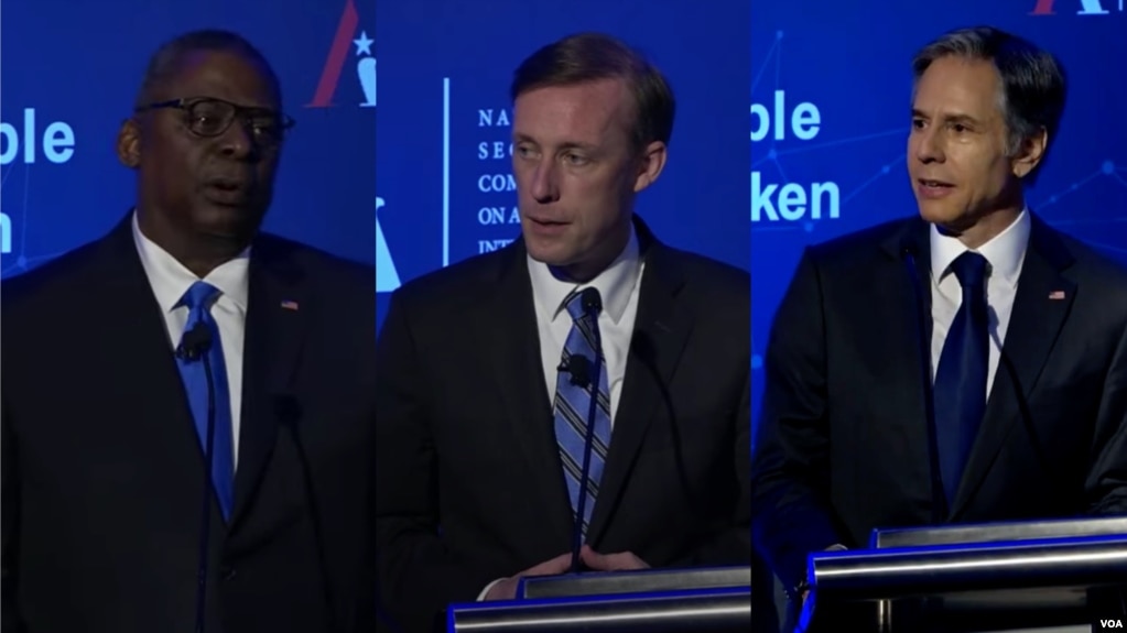 美国国防部长奥斯汀（左）、国家安全部问沙利文（中）和美国国务卿布林肯（右）2021年7月13日在华盛顿出席全球技术峰会(photo:VOA)