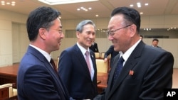 韩国统一部部长官永康杓（左）和一位负责韩国事务的朝鲜官员（右）握手（2015年8月25日）。
