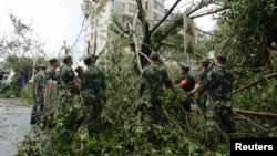 Paramilitary policemen remove toppled trees after Typhoon Meranti swept through Xiamen, Fujian province, China, September 15, 2016.