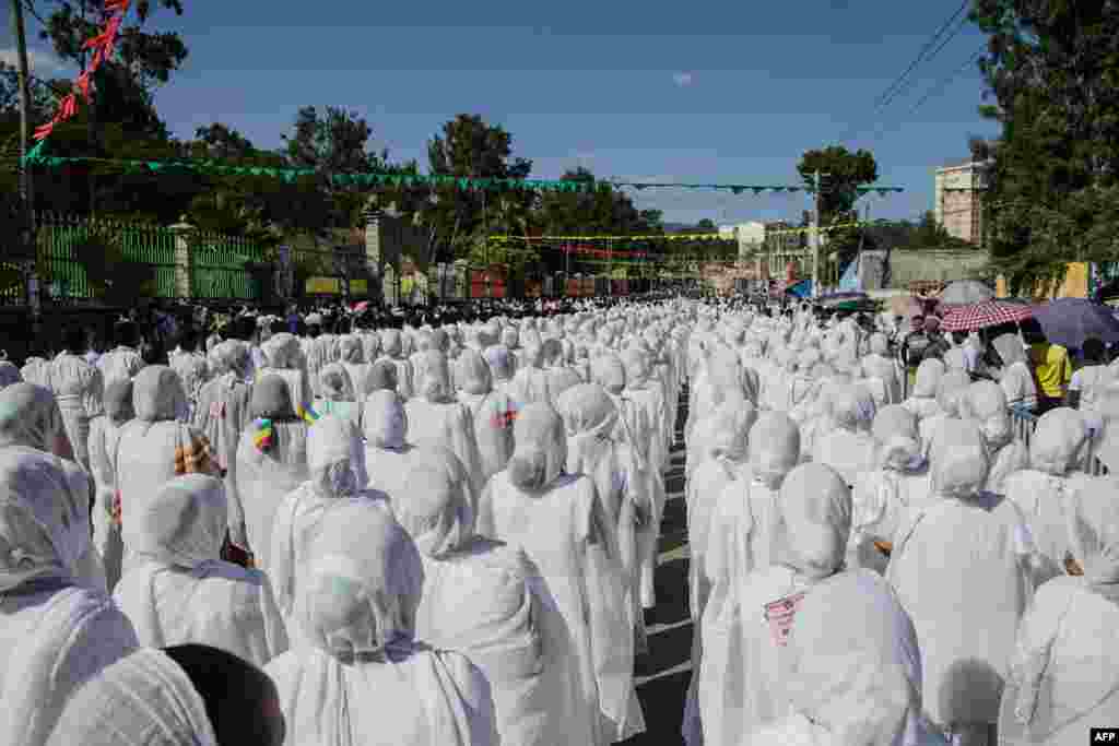 Female members of Ethiopian Orthodox church gather during the celebration of the Ethiopian Epiphany in Addis Ababa.