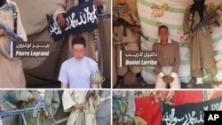 Photos released April 27, 2011 by Al-Qaeda in the Islamic Maghreb (AQIM) and broadcast on Al-Andalus TV channel shows (clockwise from top L) Pierre Legrand, Daniel Larribe, Thierry Dol and Marc Furrer, the four French hostages captured last September in 