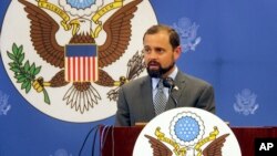 FILE - U.S. Special Envoy for the Great Lakes Region Tom Perriello speaks at a press conference in Bujumbura, Burundi, Nov. 10, 2015. 