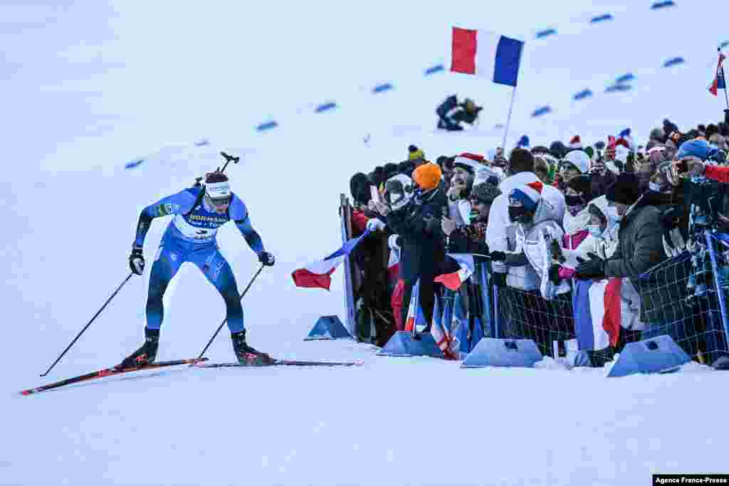 French biathlete Emilien Jacquelin competes during the Men&rsquo;s 15 km Mass Start event of the IBU Biathlon World Cup in Le Grand Bornand near Annecy, France.