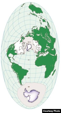 Earth during the Ice Age 23,000 years ago with large ice sheets covering the Northern Hemisphere. (Credit: Anders Carlson)