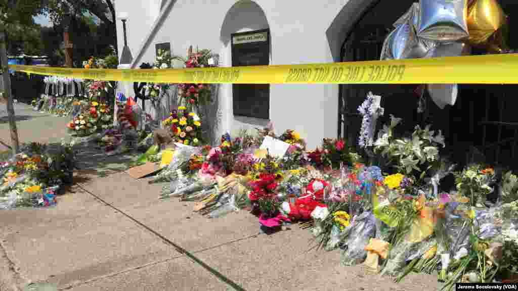 Flowers were placed outside the Charleston, S.C., church where a gunman killed nine worshipers June 17, 2015.