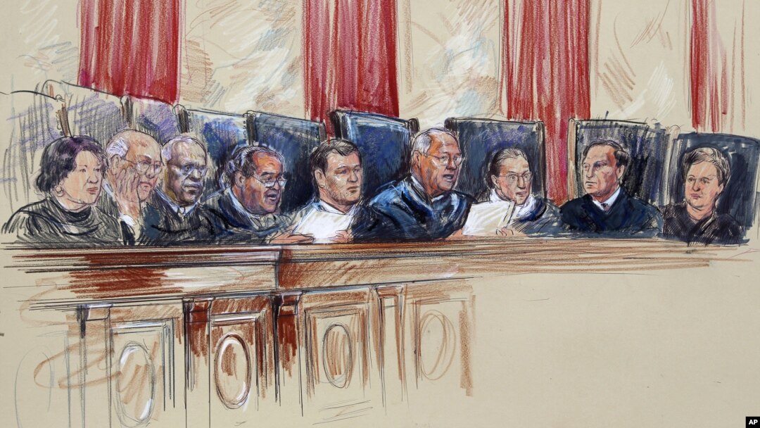Ilustración artística de los jueces de la Corte Suprema, Sonia Sotomayor, Stephen Breyer, Clarence Thomas, Antonin Scalia, el juez presidente John Roberts, Anthony Kennedy, Rud Bader Gisburg, Samuel A. Alito y Elena Kagan.