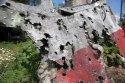 FILE - In this July 23, 2014, photo, a piece of the crashed Malaysia Airlines Flight 17 lies in the village of Petropavlivka, Donetsk region, eastern Ukraine.