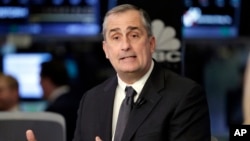 Intel CEO Brian Krzanich is interviewed on the floor of the New York Stock Exchange, March 13, 2017. Krzanich resigned from the American Manufacturing Council to call attention to America's "divided political climate."