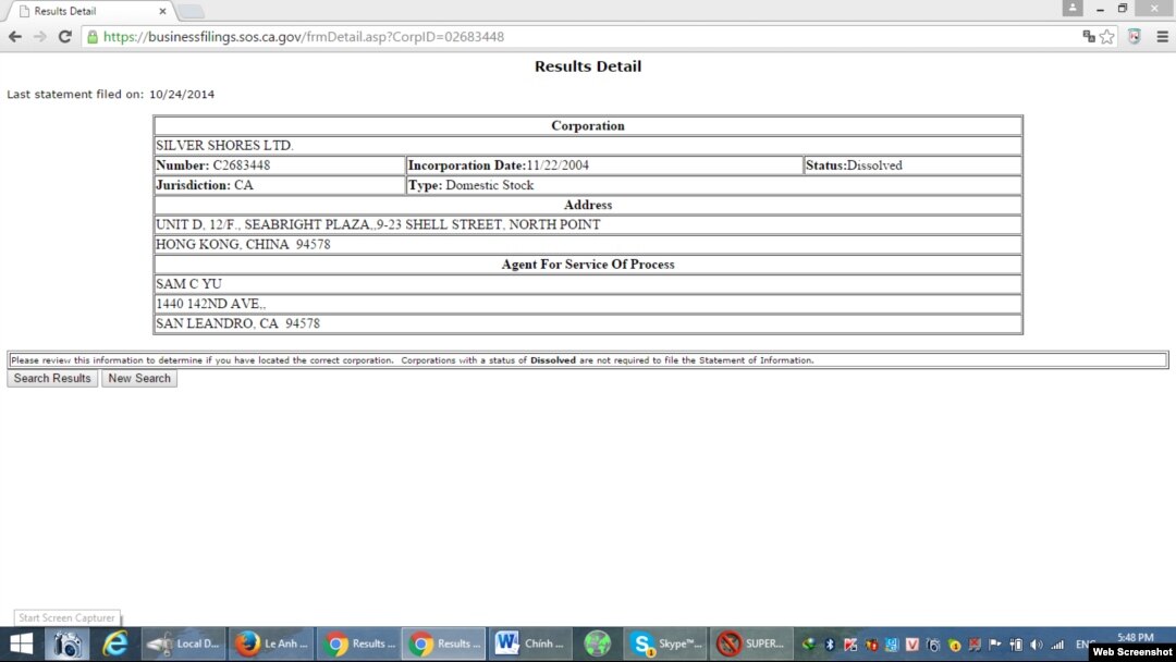 Silver Shores Ltd. ở California đã giải thể - Ảnh chụp từ trang thông tin doanh nghiệp bang California.