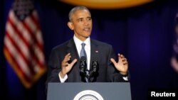Presiden AS Barack Obama menyampaikan pidato perpisahan di McCormick Place di Chicago, Illinois (10/1). (Reuters/John Gress)